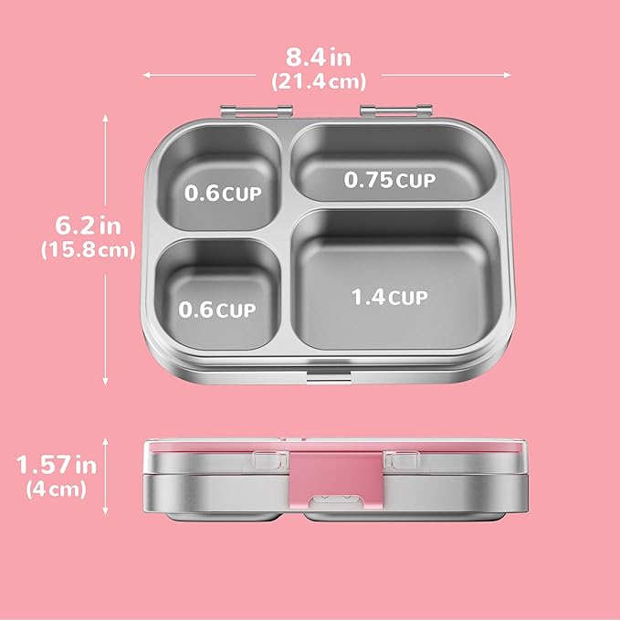 G.a HOMEFAVOR Kids Stainless Steel Lunch Box - 4-Compartment Bento Box with Locking Lid, One-Touch Latch, Leakproof Food Container for School, Travel, 800 ml, Pink