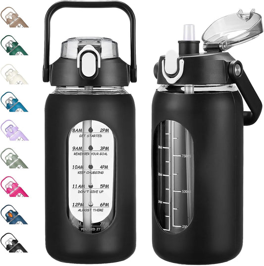 kytffu 42oz Glass Water Bottles with Straw, Motivational Glass Bottle with Silicone Sleeve and Time Marker, Leakproof Large Glass Water Jug for Gym Home Office,Black