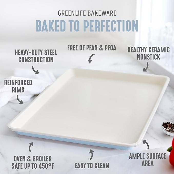 GreenLife Bakeware 18” x 13” Half Cookie Sheet Baking Pan, Non-Toxic PFAS-Free Healthy Ceramic Nonstick, Oven Safe to 450°F, Easy Release, Even Heating, Easy Clean, Blue Haze