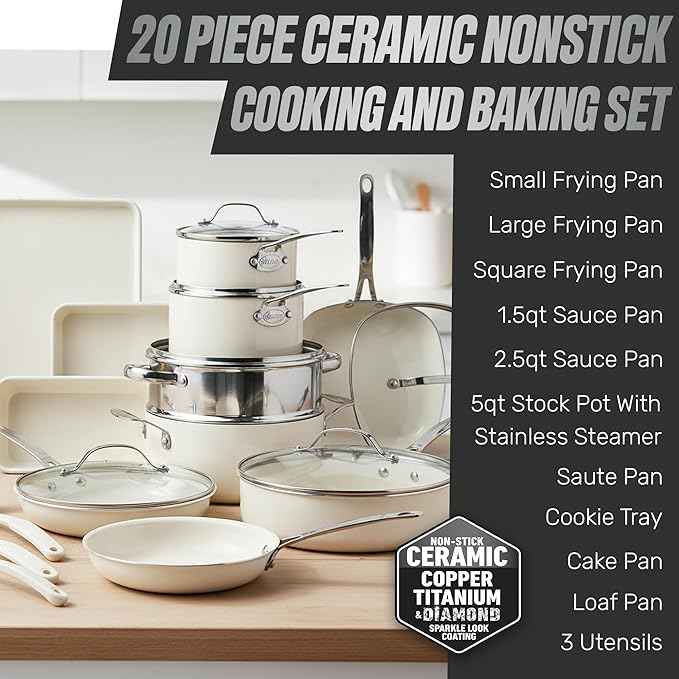 GOTHAM STEEL 20 Pc Ceramic Cookware Set Nonstick, Ceramic Pots and Pans Set Non Stick for Kitchen with Bakeware, Cooking Utensils & Steamer, Non Toxic PFOA PFOS Free, Oven & Dishwasher Safe