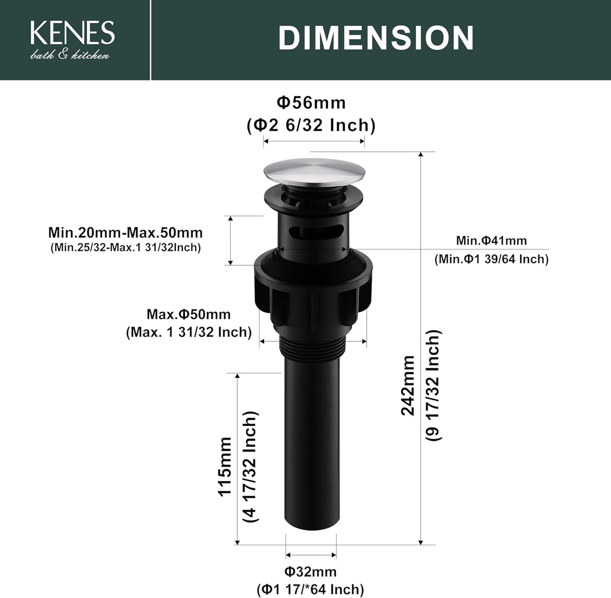 KENES Bathroom Sink Drain Stopper Pop up Sink Drain with Overflow, Brushed Nickel Lavatory Bathroom Vanity Sink Drain Assembly, Built-in Anti-Clogging Strainer