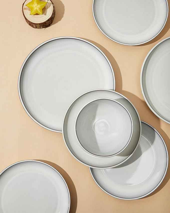 24 Piece Stoneware Dinnerware Set for 8, Moonstone White Plates and Bowls Set, Reactive Glaze Ceramic Dish Set, Durable & Chip Resistant, Modern Rustic Look, Microwave & Dishwasher Safe