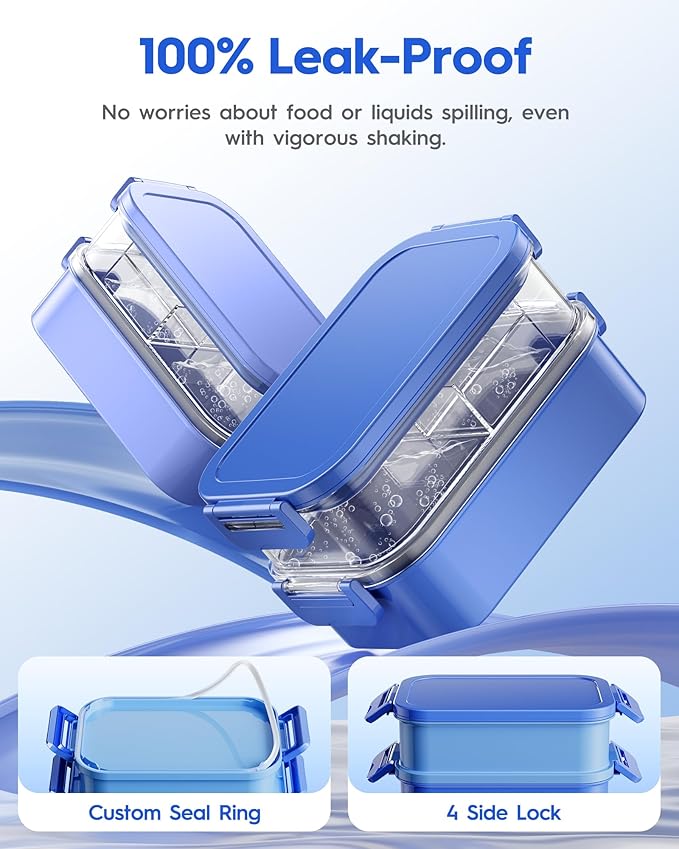Adults Bento Box with Insulated Lunch Bag, 74oz Capacity 3 Stackable Leak-Proof Bento Box Built-In Utensil and Sauce, PFAS & BPA-Free, Microwave & Dishwasher Safe (Ocean Blue)