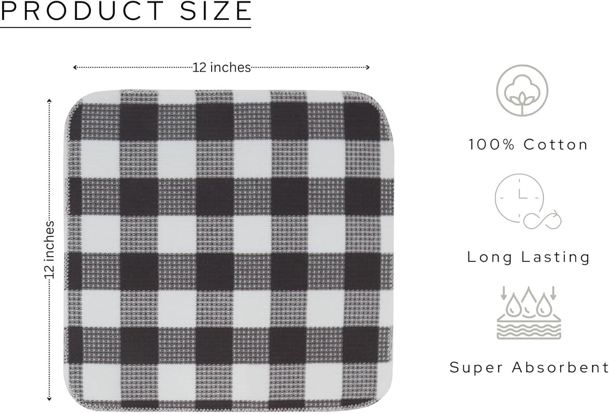 Waffle Weave Plaid Dish Cloths, 100% Cotton - 12 x 12 Inches, Ultra Soft Absorbent Quick Drying Dish Towels Buffalo Check Dish Rags for Kitchen, 8 Pack - Spring Summer - Steel Grey & White