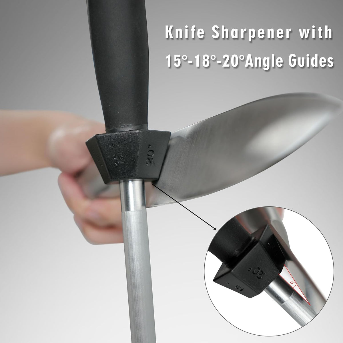 Knife Sharpener Knife Sharpening Rod Honing Steel with 15°-18°-20°Angle Guides Professional Carbon Steel with Black Rubber Grip for Kitchen Chef House Gift 10''