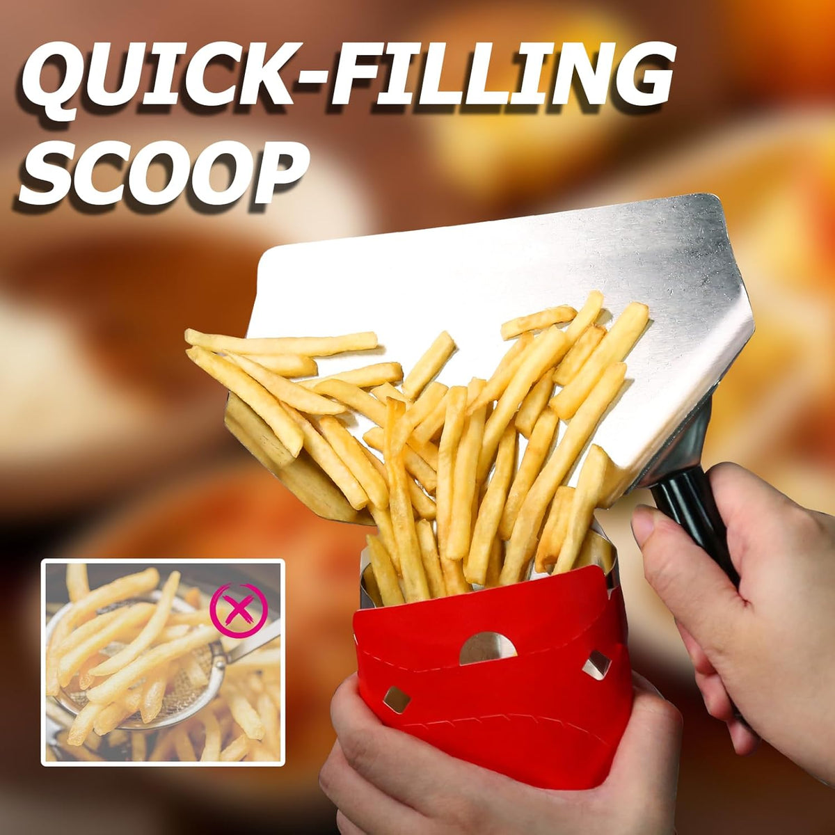 2 Pcs Stainless Steel French Fry Popcorn Scoop, Quick Fill Tool for Food Bags & Boxes, Multipurpose Utility Scooper for Bagger French Fries, Snacks, Desserts, Ice, Dry Goods