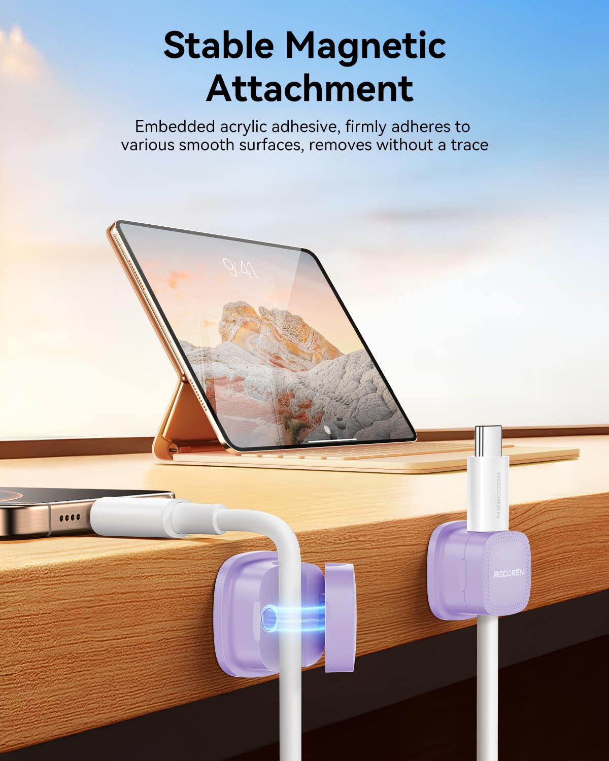 6 Pack Cable Management Cord Organizer, Magnetic Cable Clips-1s Lock, Rocoren Desk Adhesive Cord Cable Clip Wire Holder Keeper for Phone Charger Wire, Nightstand, Car, Office, Desktop Accessory,Purple
