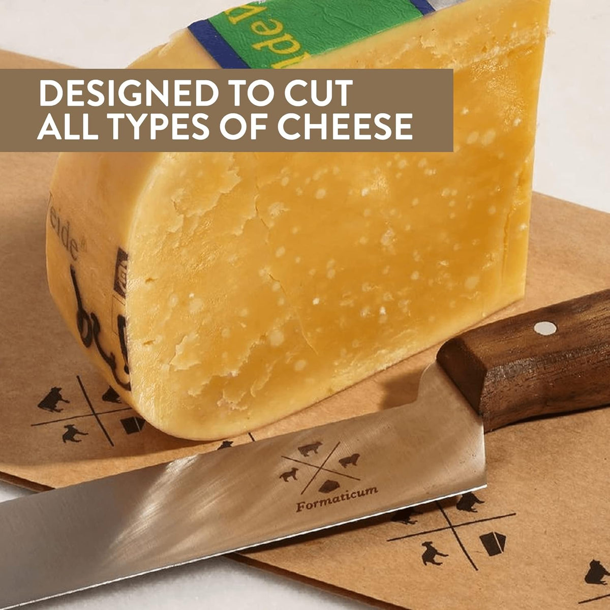 Formaticum - Professional Tasting Cheese Knife - 7" x 1.25" All Types of Cheese Slicer, Stainless Steel Blade, Fork Tip and Walnut Handle, Great Cheese Charcuterie Accessories - Handmade in Italy