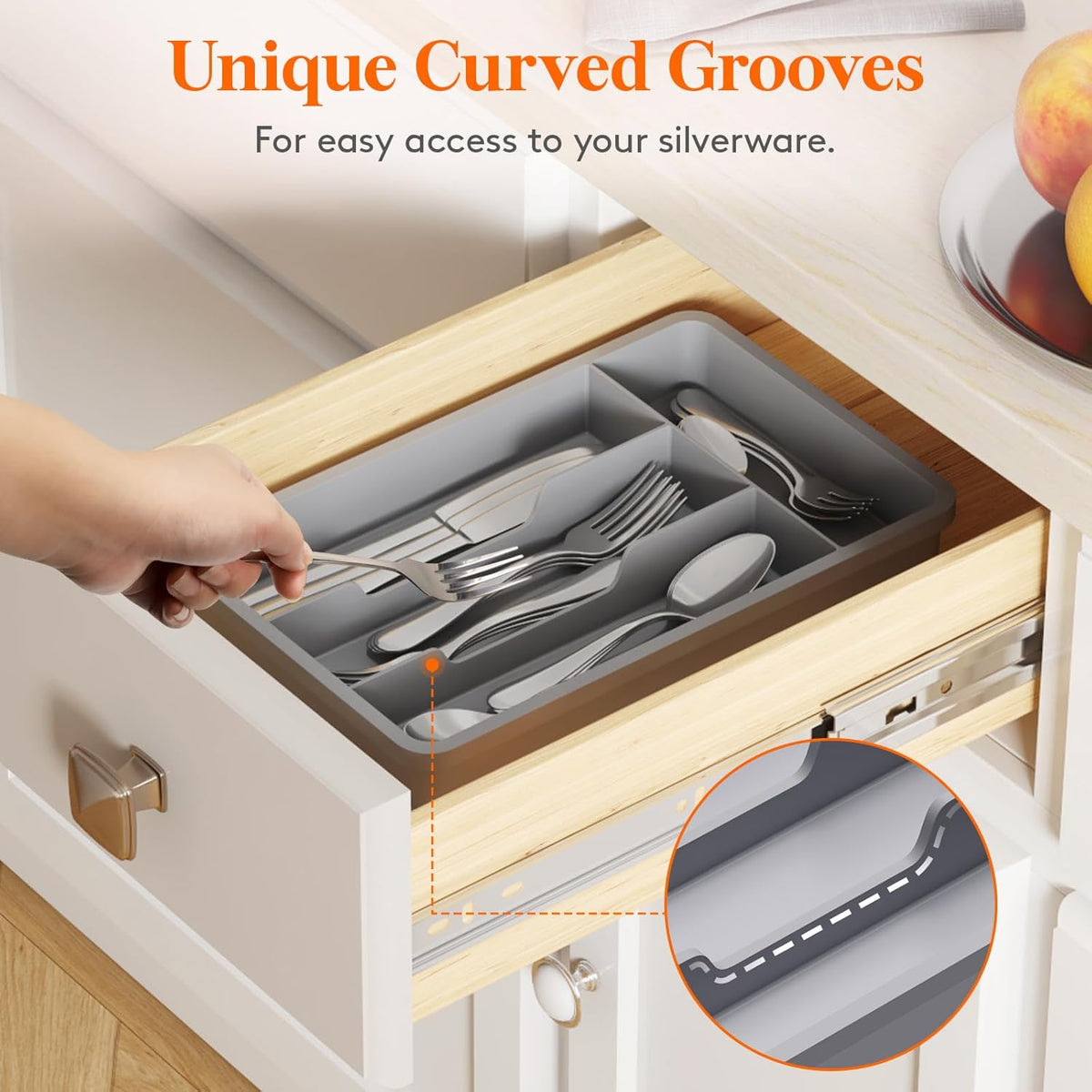 Lifewit Silverware Tray, Cutlery Drawer Organizer Storage for Kitchen, Plastic Flatware Utensil Holder Divider for Spoons Forks Knives Tableware, 4 Compartment, Gray