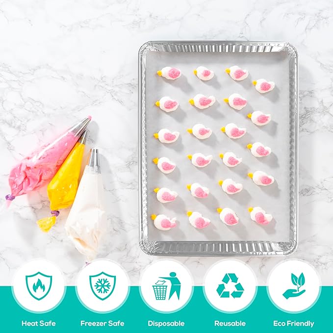 PLASTICPRO Aluminum Pans 10 Pack Disposable Cookie Sheets 13 x 17 Baking Pans Premium Quality Heavy Duty Sheet Pans