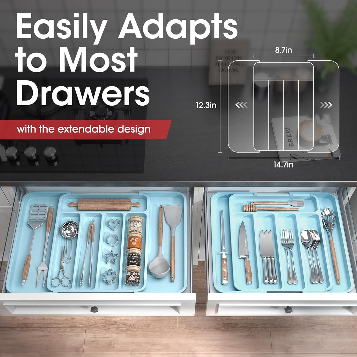 Aujen Silverware Organizer - Expandable Kitchen Drawer Organizer, Adjustable Utensil Organizer, Cutlery Tray for Forks, Knives, Multipurpose Kitchen Organizers and Storage Solution, Blue, Medium