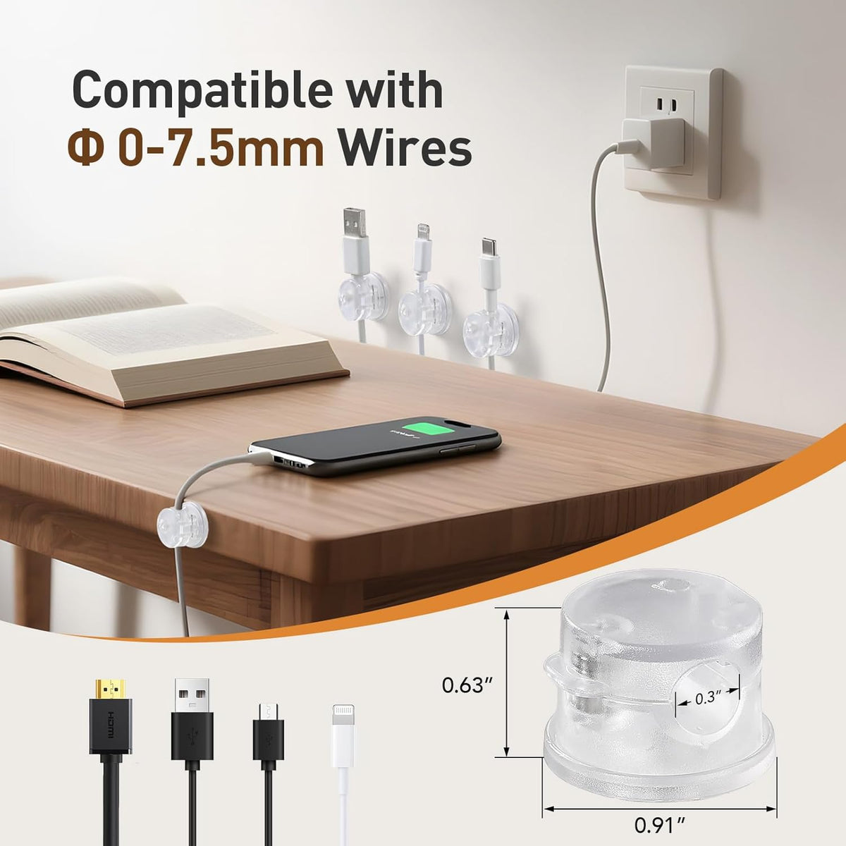 AGPTEK 8 Pack Magnetic Cable Clips, Upgraded 360° Rotatable Cord Holder Clips for Nightstand, Desk Cord Organizer Adhesive Wire Management Home Office Phone Charging Cords USB Cable Keeper (Clear)