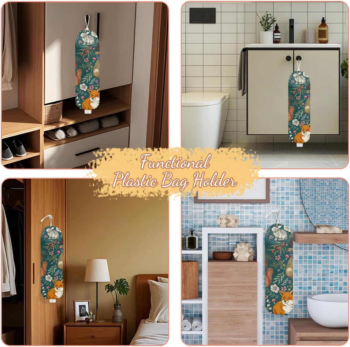 Forest Animals Plastic Bag Holder, Wall Mount Grocery Bag Holder, Plastic Storage bag, Pull Rope Free Adjustment, Plastic Bag Holders for Grocery Bags, Plastic Bag Dispenser for Home Kitchen Cabinet