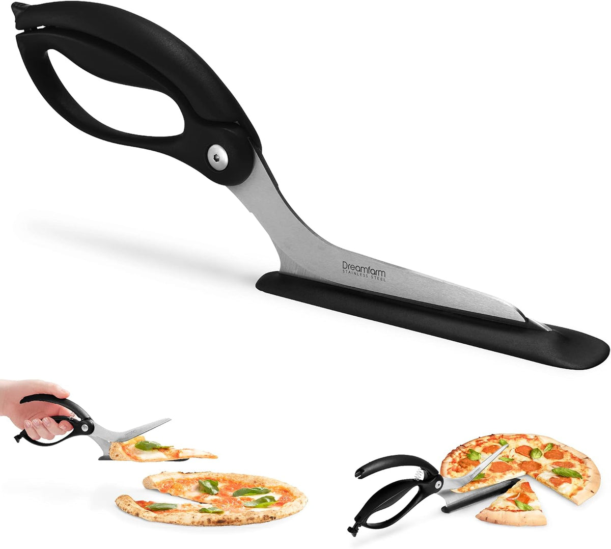 Dreamfarm Scizza 2-In-1 Easy Ergonomic Pizza Scissors with Stainless Steel Pizza Cutter Blades & Non-Stick Slice Server - Black