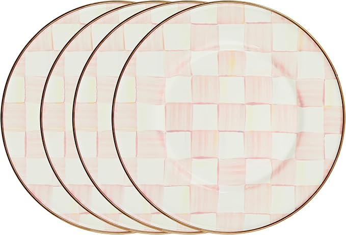 MACKENZIE-CHILDS Enamel Salad and Dessert Plate, Small Plate for Appetizers or Desserts, 8 Inches, Set of 4, Pink-and-White Rosy Check