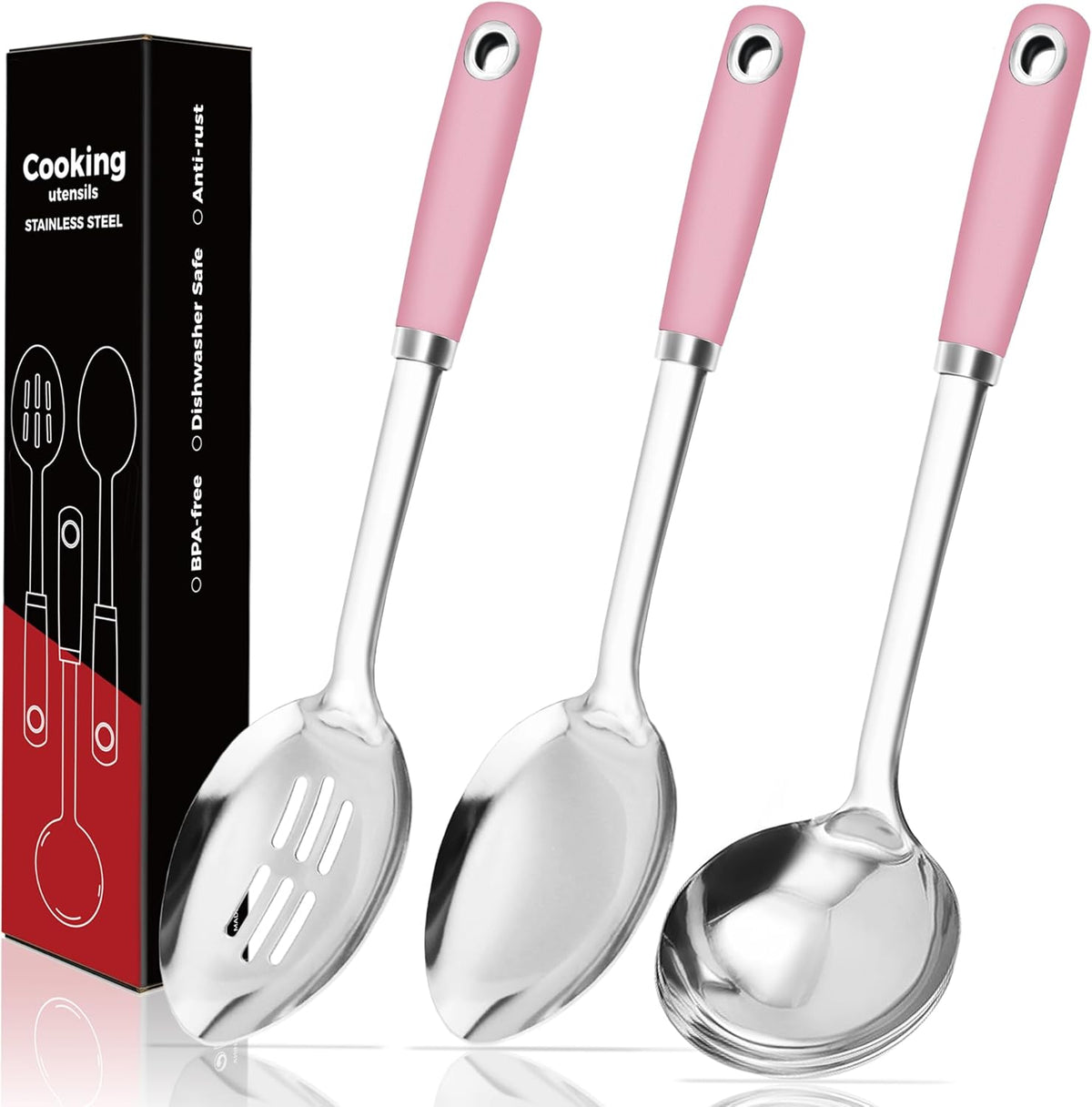 14-in Pink Cooking Spoons Set, Heavy Duty 18/0 Stainless Steel Large Serving Spoons Set, Slotted Spoon, Cooking Spoon & Soup Ladle, Commercial and Residential Use, Pack of 3
