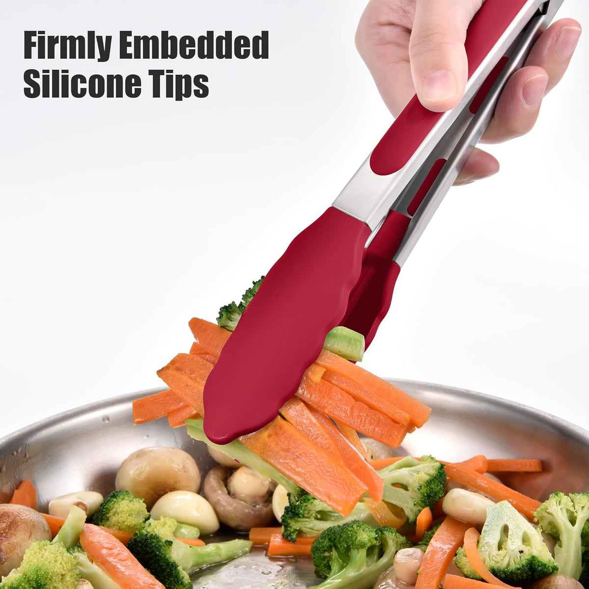 Doosu Kitchen Tongs for Cooking - 600°F Heat Resistant Food Tong Set with Non-Scratch Silicone Tips, Heavy Duty Stainless Steel Locking Tong for BBQ, Grilling Steak, Serving Salad (9+12in, Red)