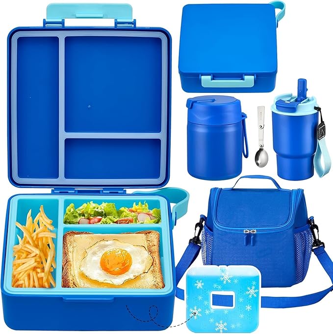 Lunch Box Set with Bento Box Container, 17OZ Stainless Steel Food Soup Thermo, Kids Water Bottle & Portable Insulated Lunch Bag – Leakproof, Hot/Cold Retention for School, Travel(Blue)