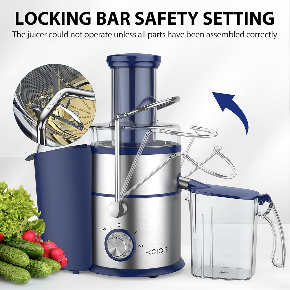 1300W KOIOS Centrifugal Juicer Machines, Juice Extractor with Extra Large 3inch Feed Chute, Full Copper Motor, Titanium-Plated Filter, High Juice Yield, 3 Speeds Mode, Brush included, Non-BPA, Blue