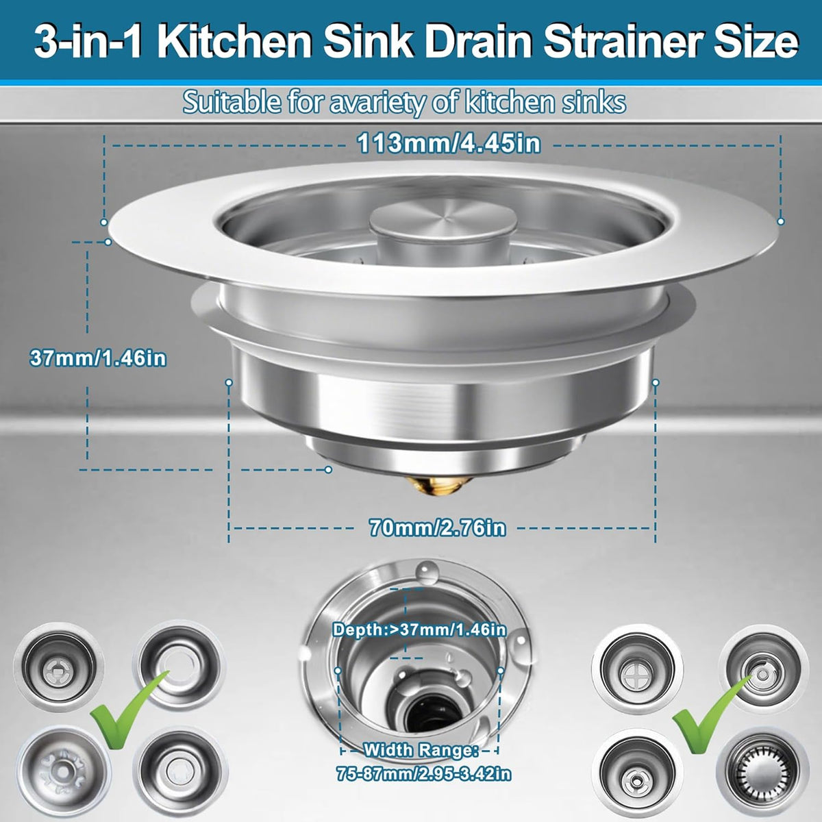 3-in-1 Kitchen Sink Drain Strainer & Stopper, Stainless Steel Food Catcher Plug with Filter Basket, Fits 3-1/2 Inch Drain Hole, Universal Sink Protector Cover, Anti-Clogging, Silver (1, Sus304)