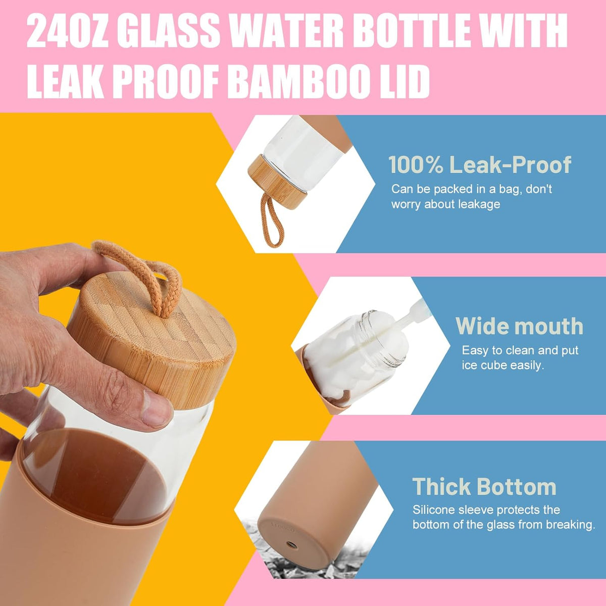 Tronco 24oz Glass Water Bottles with Bamboo Lid & Silicone Sleeve, Leak Proof, BPA Free, Reusable Borosilicate Glass Bottles for Juicing, Smoothies, Juice & Water, for Men & Women Gym, Office, Travel