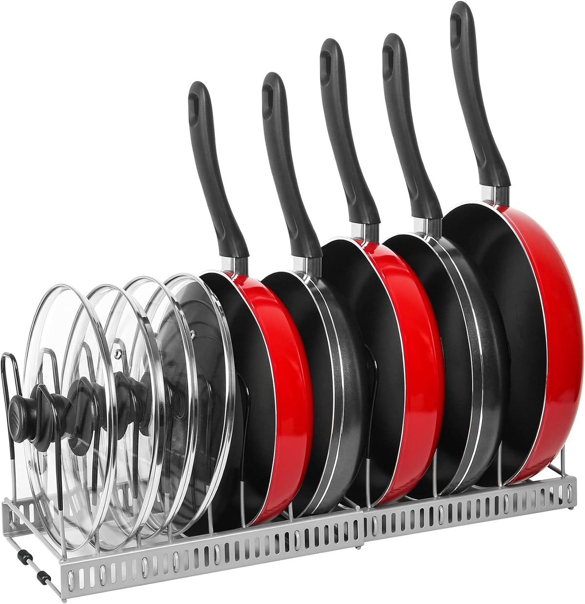 Expandable Pot & Pan Organizer - Grey Cabinet Rack with 10 Adjustable Compartments for Cookware, Baking & Frying Pans