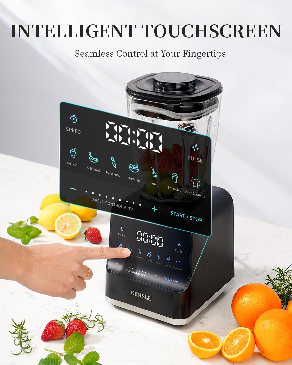 1200W Professional Smoothie Blender for Shakes, 52oz Glass Jar, Ice Crush, Puree, 9-Speed Touchscreen with Pulse & 7 Functions, Black