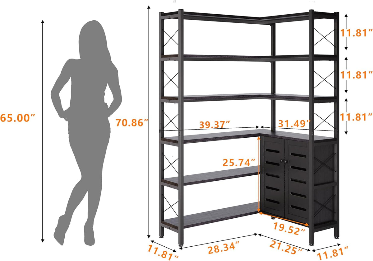 6-Shelf Corner Bookshelf, Vintage Industrial Corner Shelf Etagere Bookcase, Large Book Shelf with Metal Frame Open Storage Corner Cabinet (Black-Lockers)