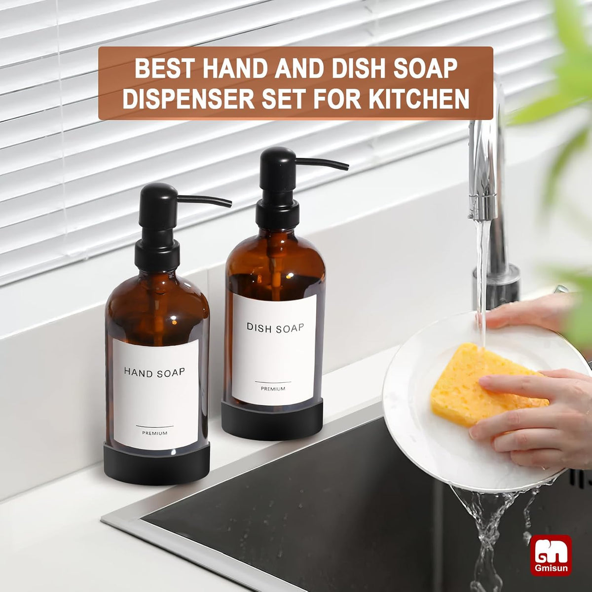GMISUN Amber Glass Soap Dispenser with Silicone Sleeve Boot, 2 Pack Bathroom Hand Soap Dispensers with Pump, 17 Fl Oz Kitchen Hand and Dish Soap Dispenser Set, Liquid Soap Dispensers Bottle