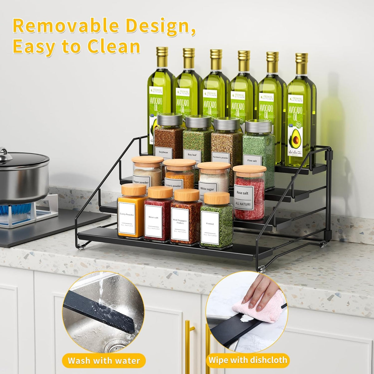 RCHYFEED Spice Rack Organizer for Cabinet Pantry,4 Tier Spice Rack Countertop, Depth Adjustable Spice Organization for Cabinet,Tierd Seasoning Organizer for Cabinet(Black, 1Pack)