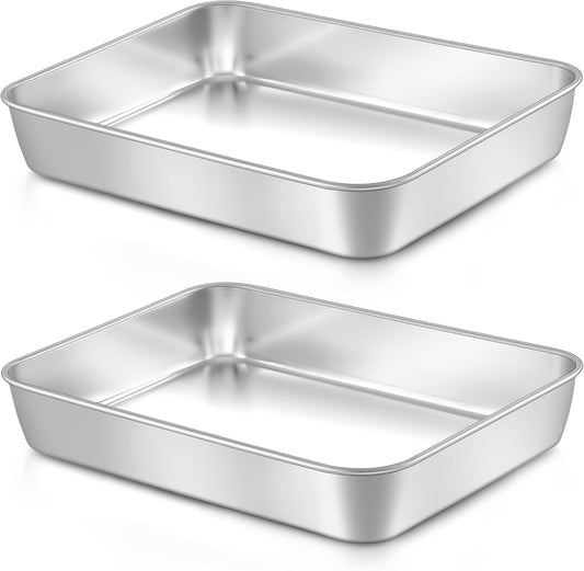 LIANYU Baking Pan Set of 2, 12⅓ x 9¾ x 2 Inch Cake Lasagna Brownies Casseroles Pan, Rectangle Stainless Steel Bakeware Set for Baking Roasting Toaster Oven, Dishwasher Safe