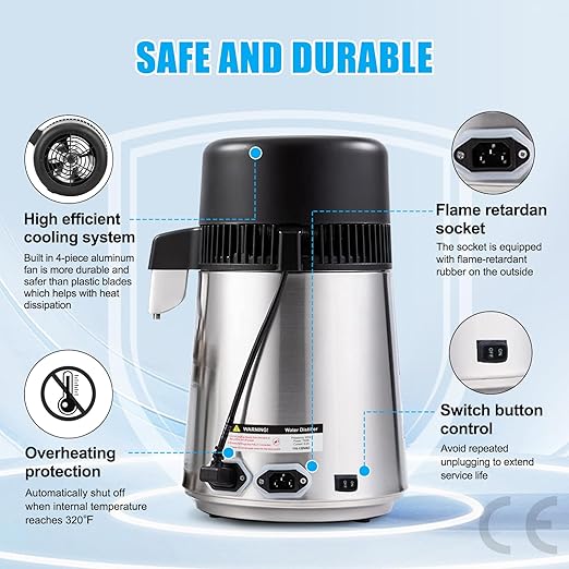 DC House Distilled Water Machine 1 Gallon, Stainless Steel Water Distiller for Home Countertop 110V 750W Purifier for Humidifier Office CPAP with Smart Switch, Glass Pot