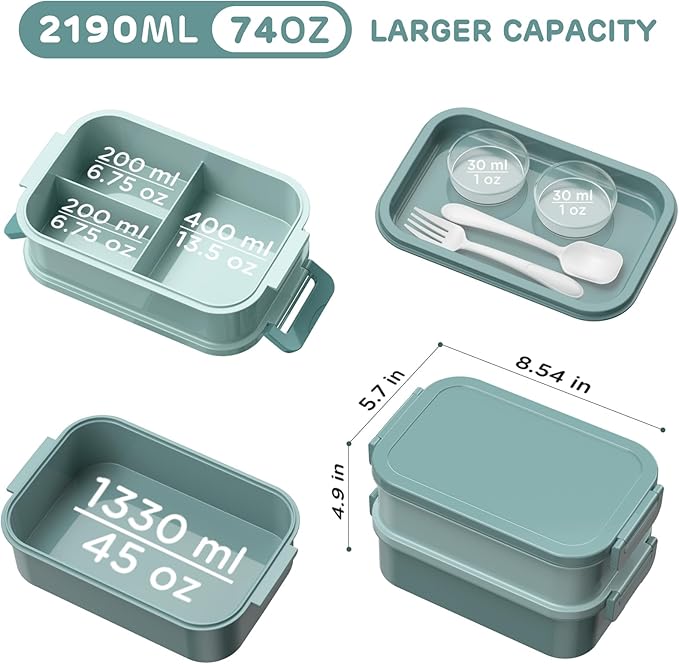 DaCool Lunch Box Adults Bento Box 74 OZ All-in-One Stackable Lunch Box Containers for Adult Large Bento Box with Fork Spoon Sauce Boxes, Leakproof Lunchbox for Work School Dining Out, Morandi-Green