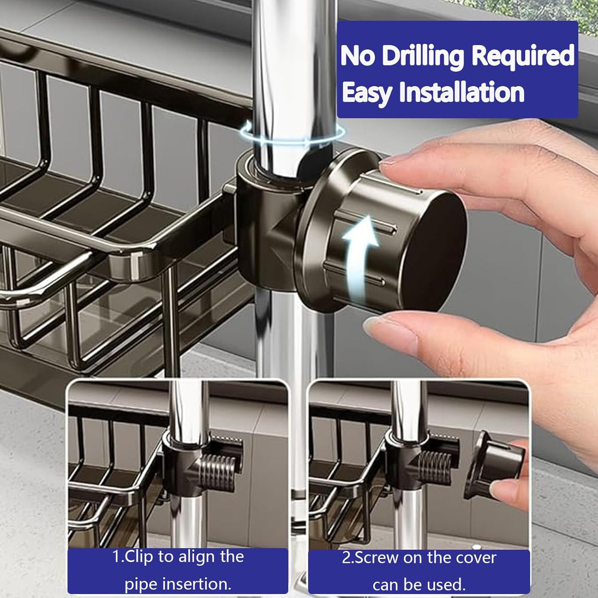 Kitchen Sink Faucet Organizer Multifunction Sponge Holder Organizer Sink Drain Holder Over Faucet Kitchen Sink Caddy with Hook Adjustable for 0.7-1.1inch Round Water Pipe (Silver, B)