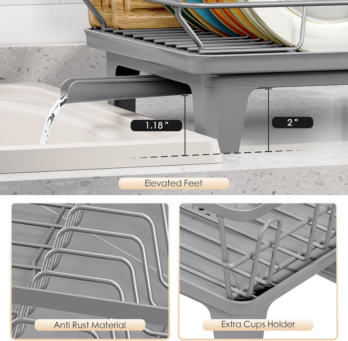 Dish Drying Rack for Kitchen Counter, Sink Dish Rack with Drainboard, Large Dish Drainer with Cups Holder, Home Countertop Plate Dryer Storage Rack with Cutlery Holder, Gray