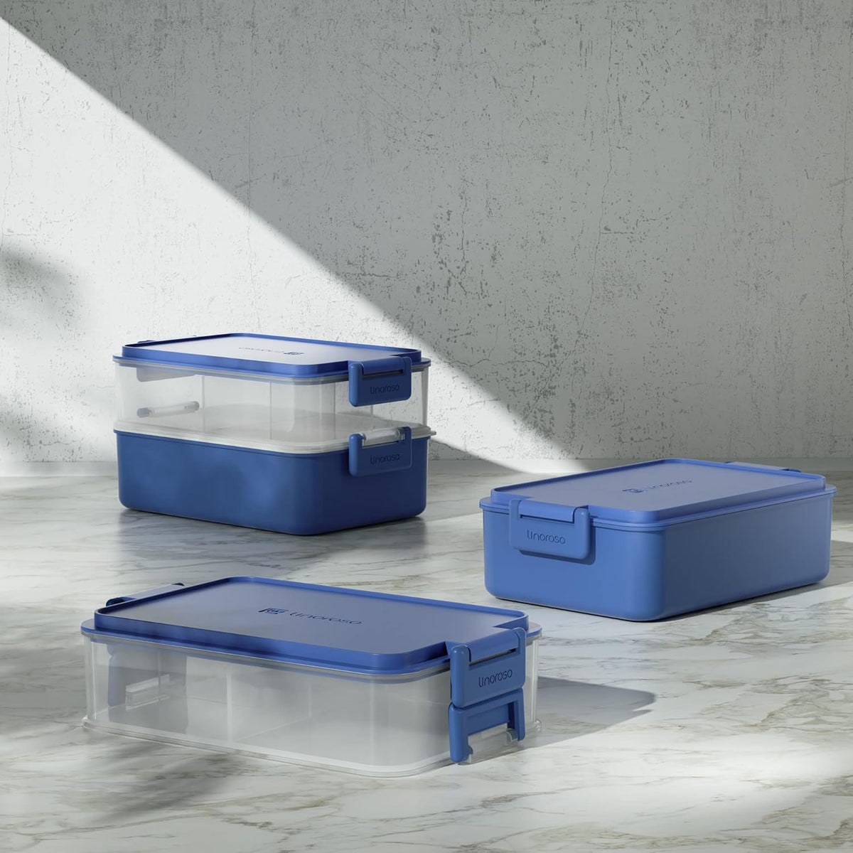 linoroso Stackable Bento Box Adult Lunch Box | Meet All You On-the-Go Needs for Food, Salad and Snack Box, Premium Bento Lunch Box for Adults Include Utensil Set, Dressing Containers - Classic Blue