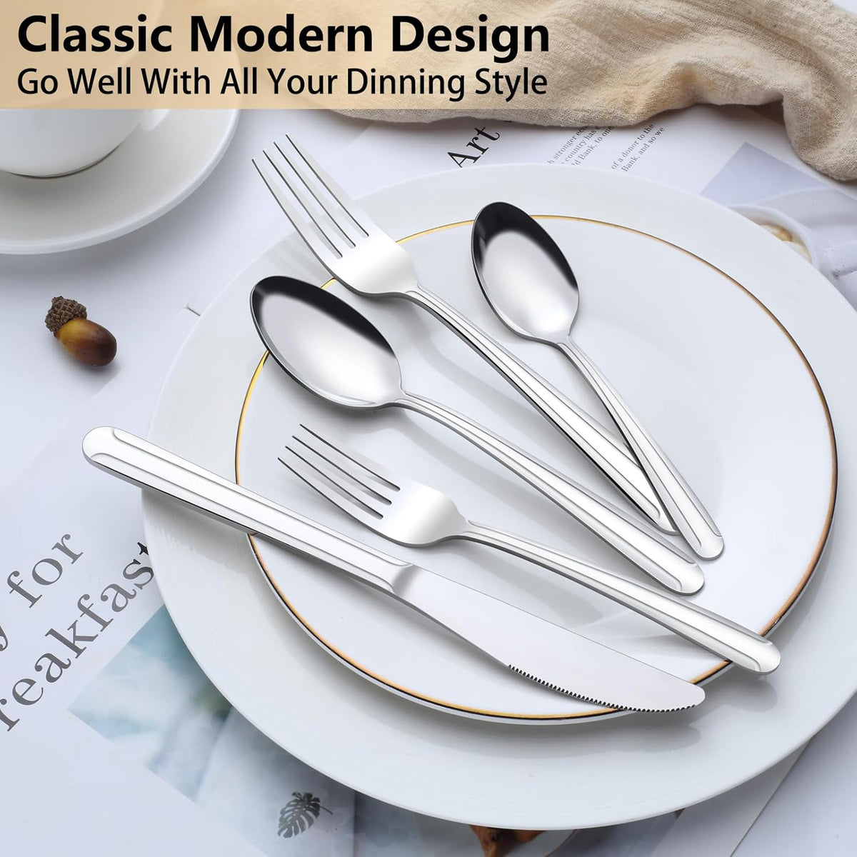Pleafind 60-Pcs Silverware Set Service for 12, Premium Stainless Steel Flatware Set, Include Forks Spoons and Knives Set, Mirror Polished Cutlery Utensil Set for Home Restaurant, Dishwasher Safe
