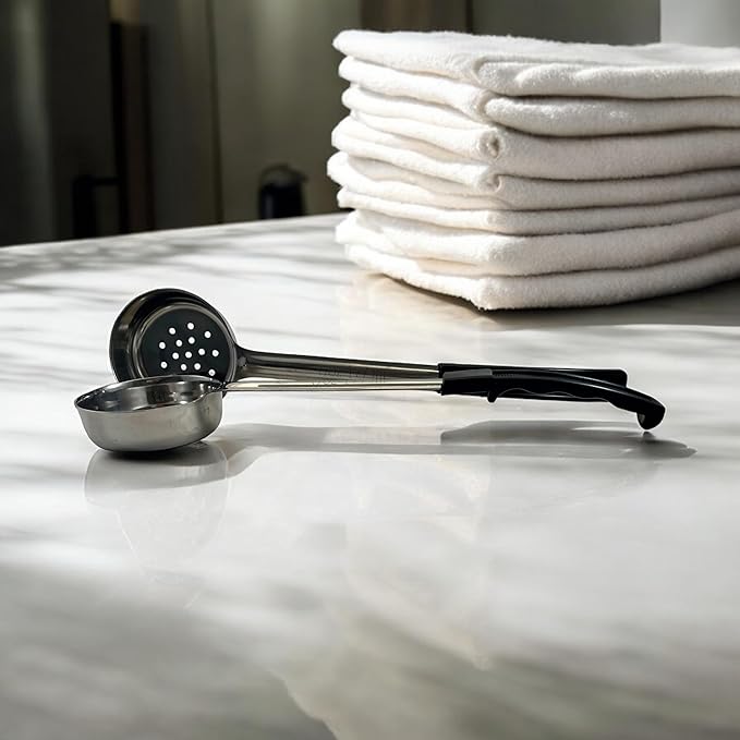 6 Ounce Slotted Stainless Steel Portion Control Ladle Spoon for Measuring and Serving; Commercial Grade Serving Scoops [Pack of 12]