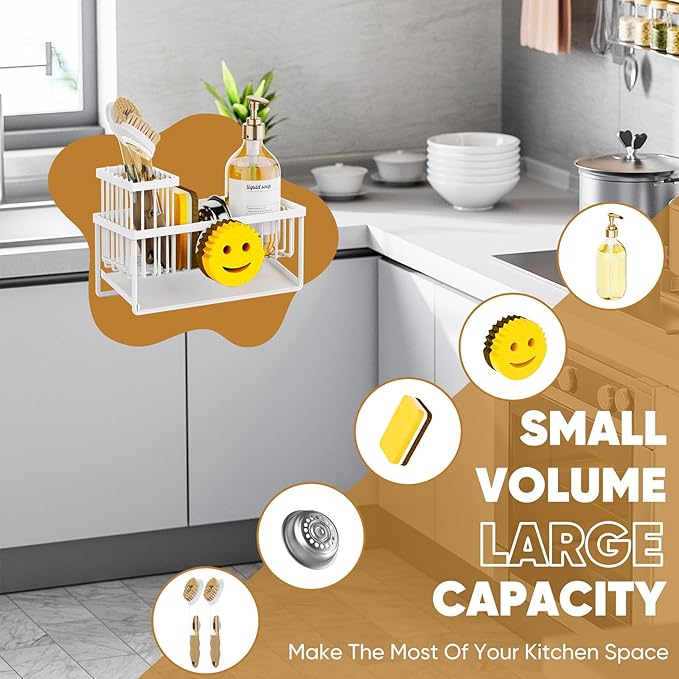 Sponge Holder for Kitchen Sink,Smiley Face Sink Caddy with Removable Brush Holder,Self-Draining Sponge Caddy for Sponge,Soap,Dish Brush,Scrubber,Kitchen Essentials and Gadgets-White