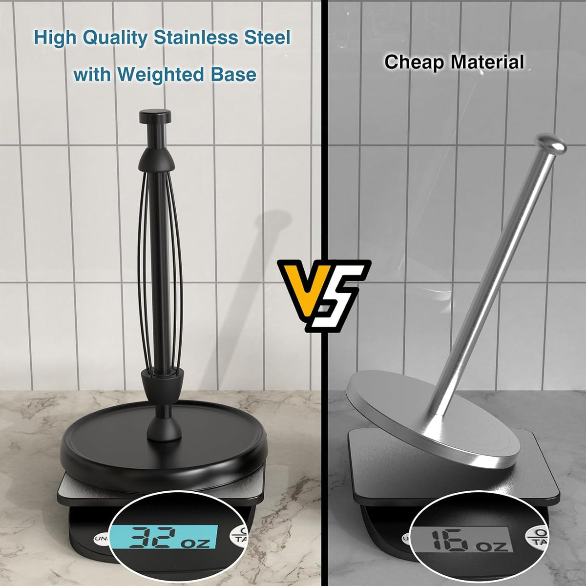 Paper Towel Holder Countertop, One-Handed Tear, Stainless Steel, Weighted Base, Black, Paper Towel Roll Holder Stand with Ratchet Mechanism for Kitchen Bathroom Farmhouse Essentials Decor Accessories