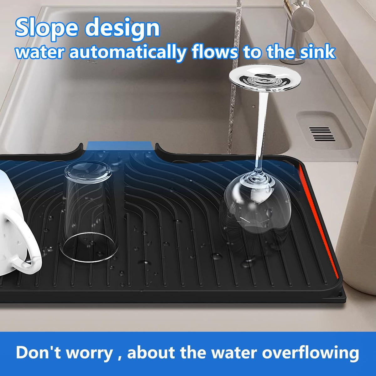 Dish Drying Matt for Kitchen Counter,18"×12"Silicone Dry Rack Mat with Built in Drain, Kitchen Dry Mats for Dishes Drying Pad for Counter(black)
