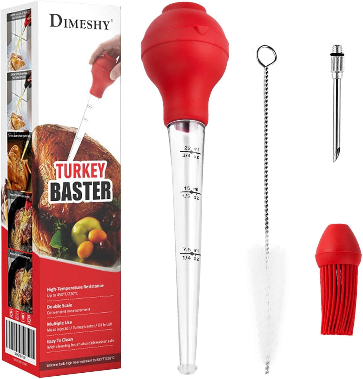 Turkey Baster Food Grade for Cooking & Basting, Detachable Round Bulb, Baster Cooking Good for Meat Poultry Beef Chicken, with Cleaning brush, inject needle, Basting brush(red)