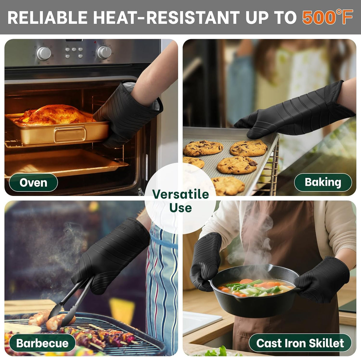 Beneno BPA-Free Silicone Oven Mitts, Heat Resistant Waterproof Oven Mitts with Non-Slip Textured Grip, Comfortable Quilted Lining, Kitchen Pot Holders for Cooking, Baking, Grilling, 7"x13", 2Pcs Black