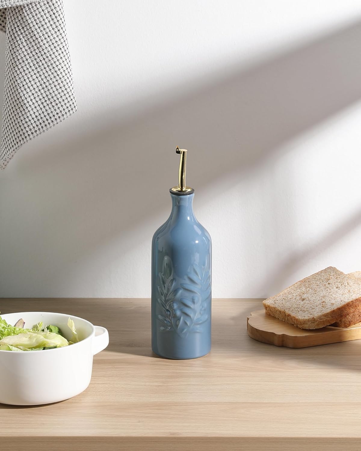 Sweejar Ceramic Olive Oil Dispenser Bottle 20 Oz Relief Opaque Oil Cruet Protects To Reduce Oxidation Suitable for Storage Vinegar, Soy Sauce, Coffee Syrup, Liquids, Set of 1 (Fogblue Gold Spout)