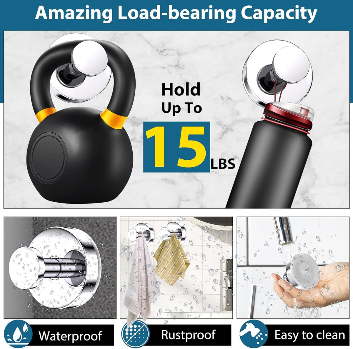 Suction Cup Hooks for Shower, Bathrooms Wall, Glass Door, Mirror, Kitchen–Towel, Robes, Coat, Hanging up to 15 lbs No-Drill Suction Hooks–Waterproof & Rustproof (Chrome, 2 PCS)