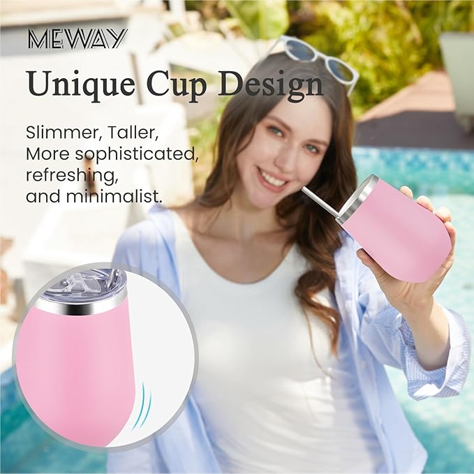 MEWAY 12oz Insulated Wine Tumbler with Lid and Straw - Double Wall Vacuum Stainless Steel Wine glass, Ideal for Travel and Office, Baby shower prizes for winners(Pink,Set of 4)