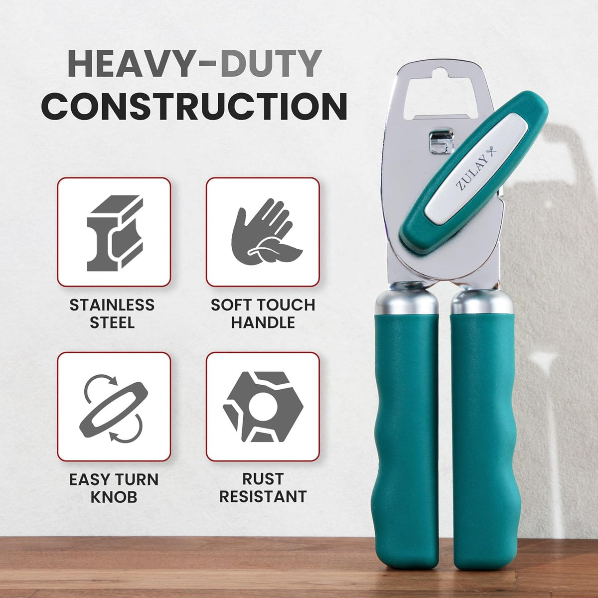 Zulay Kitchen Heavy Duty Stainless Steel Can Opener Manual with Bottle Opener - Rust Proof Manual Can Opener With Turn Knob & Comfy Soft Grip Handles - Emerald