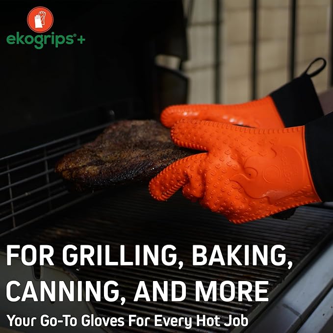 Ekogrips Plus Oven Gloves with Fingers, Comfy Waterproof Silicone Oven Mitts Heat Resistant with Long Cuff, Insulated BBQ Gloves Perfect for Grilling, Baking, Smoker, Canning, Pizza, Red, Hot Mitts