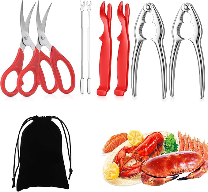 9 PCS Seafood Cracker Tool Set, Including 2 Lobster Sheller, 2 Stainless Steel Crab Crackers, 2 Crab Leg Fork, 2 Scissors and Storage Bag for Seafood Boil Party Supplies, Ideal Gift for Friends