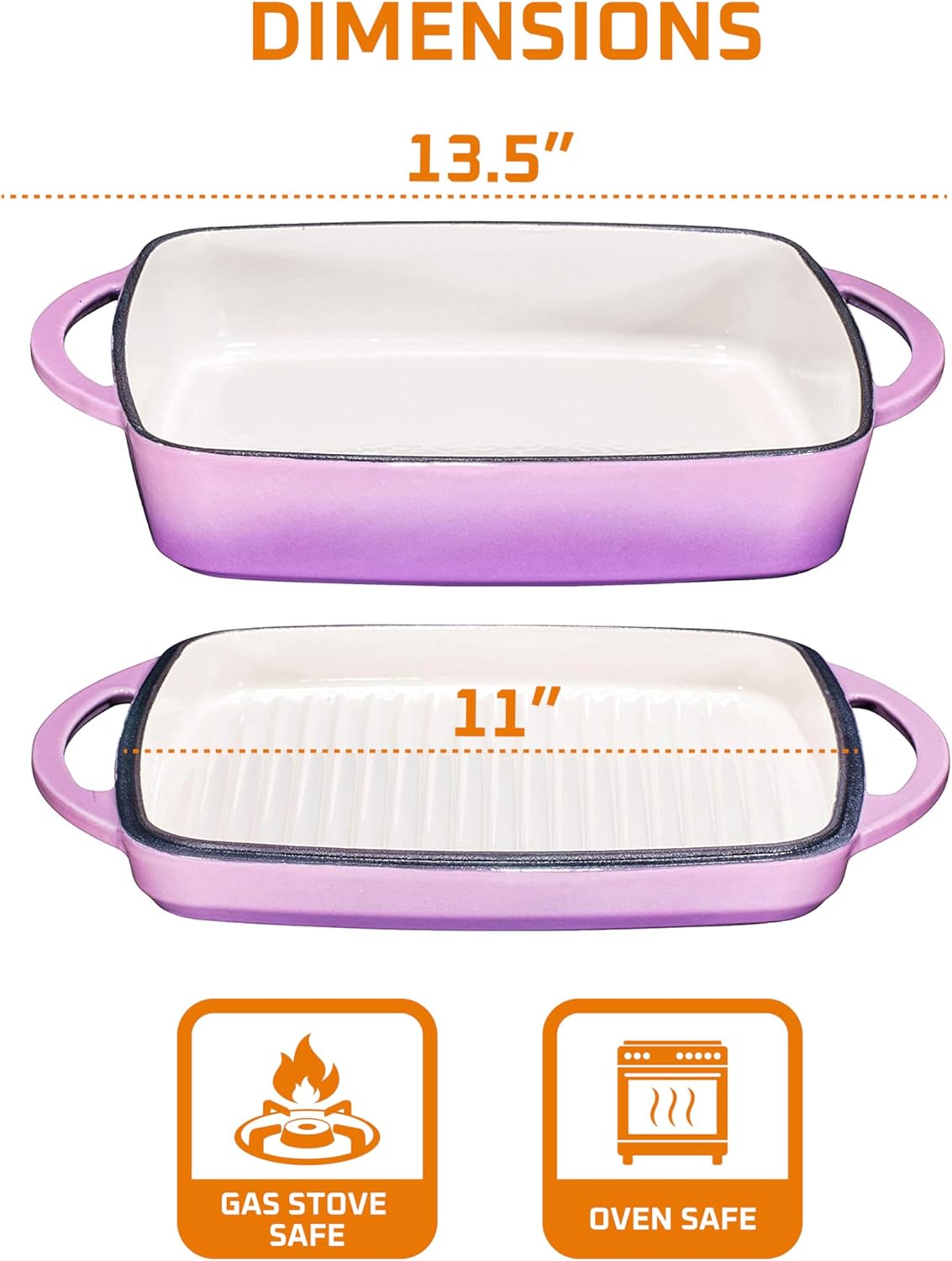 Bruntmor 2-in-1 Square Enamel Cast Iron Dutch Oven Baking Pan with Handles, Purple Baking Pans Set with Cast Iron Skillet, Braising Pan for Casserole Dish with lid, Oven Safe
